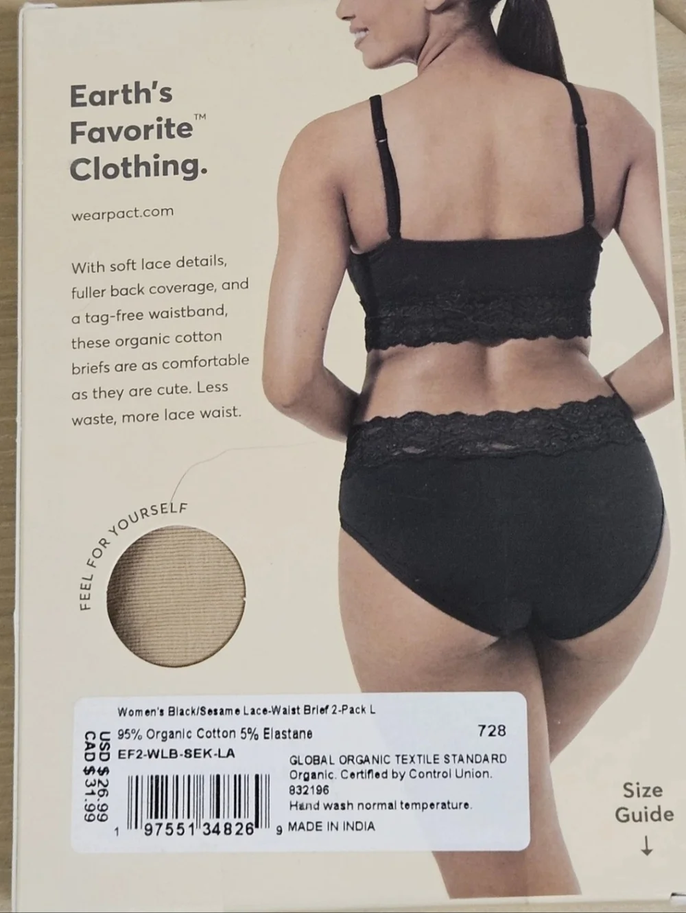 2 Pack Pact Women's Organic Cotton Lace Waist Brief LARGE Black/Pedal Patch NIB - Picture 2 of 5